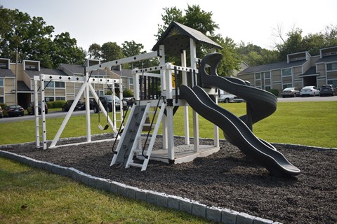 a playground with a slide in a park