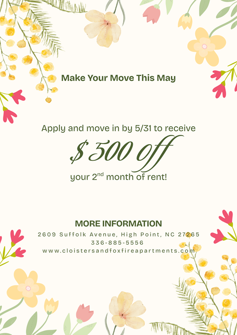 A spring-themed flyer advertises a $500 discount on rent for new tenants.