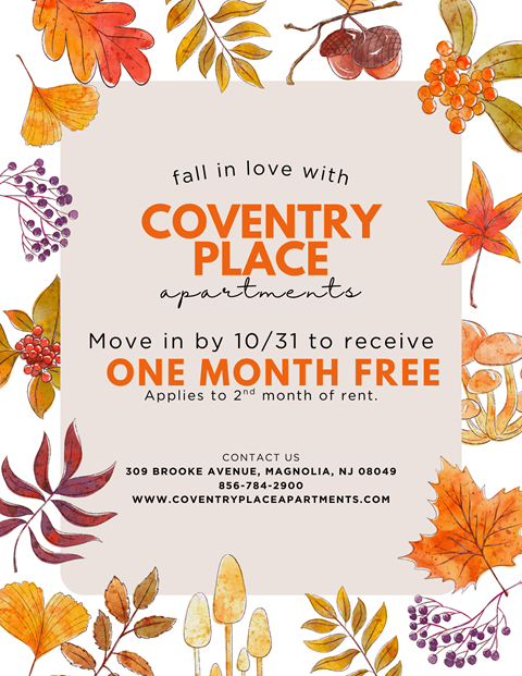 A fall-themed advertisement for Coventry Place Apartments offering a free month's rent for new tenants.