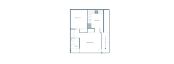 A floor plan of a house with a bedroom, kitchen, and living room.