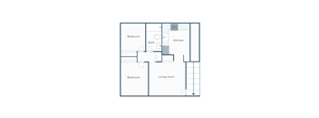 A floor plan of a house with two bedrooms, a living room, a kitchen, and a bathroom.