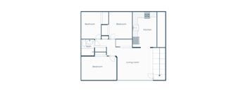 A floor plan of a house with two bedrooms, a bathroom, a kitchen, and a living room.