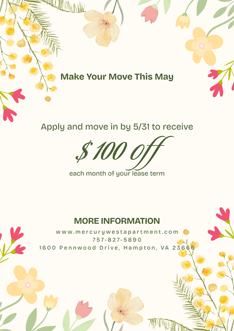 A promotional image for a May offer from Mercury West Apartment.
