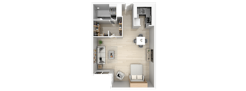 A top-down view of a small apartment with a kitchen, living room, and bathroom.