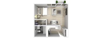 A 3D rendered image of a small apartment layout.
