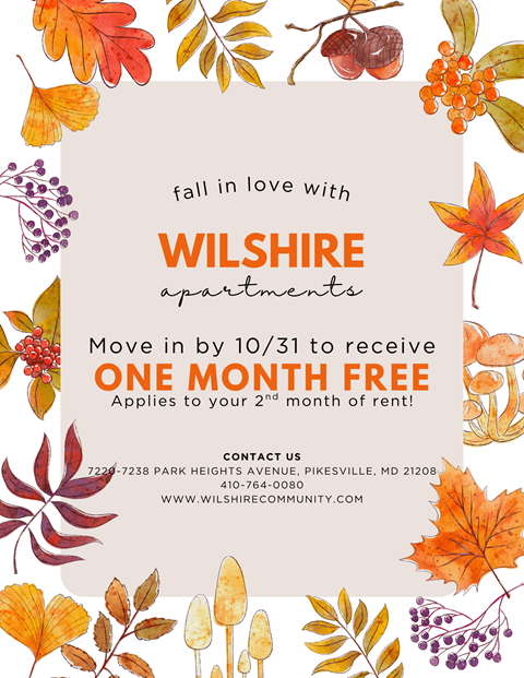 A promotional image for Wilshire Apartments offering a free month for new tenants who move in by a certain date.