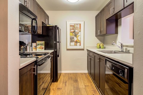 a kitchen with stainless steel appliances and a black refrigerator