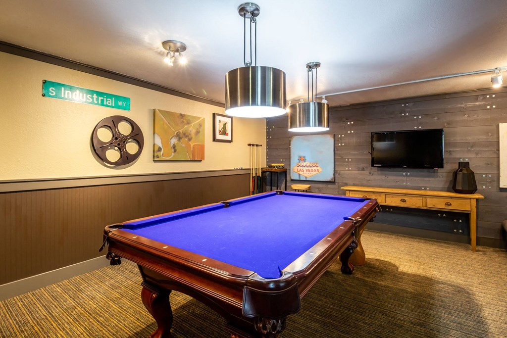 a games room with a pool table and a tv