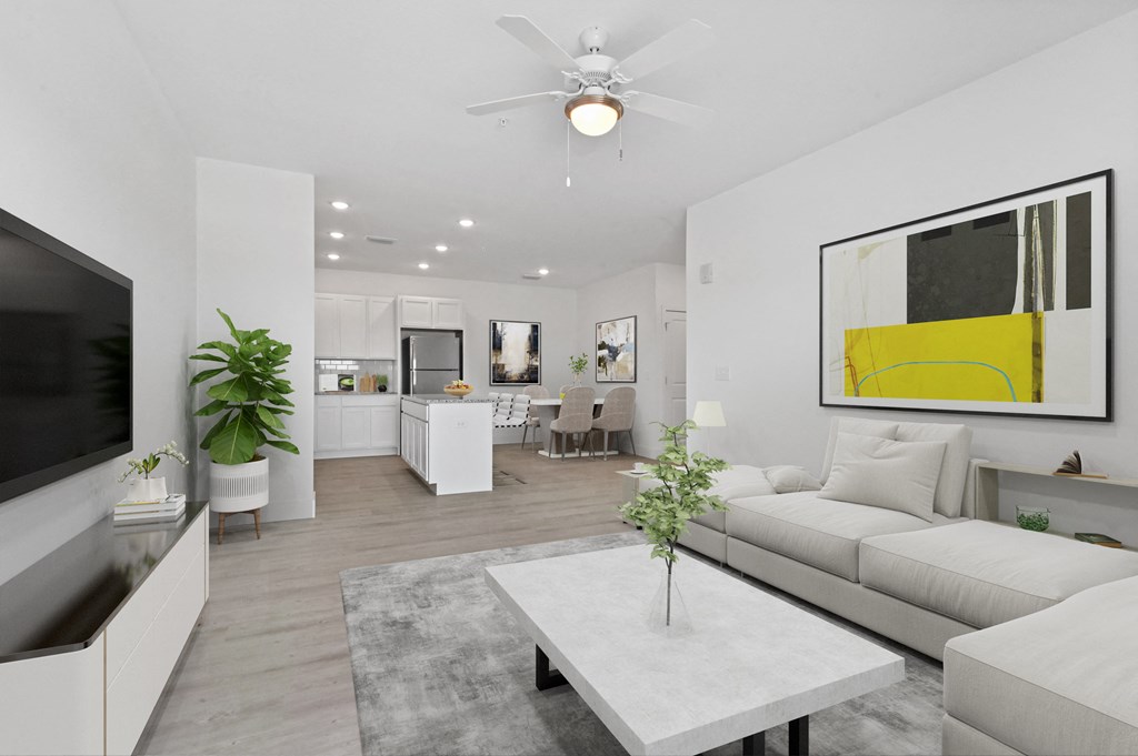 a living room with a couch and a table