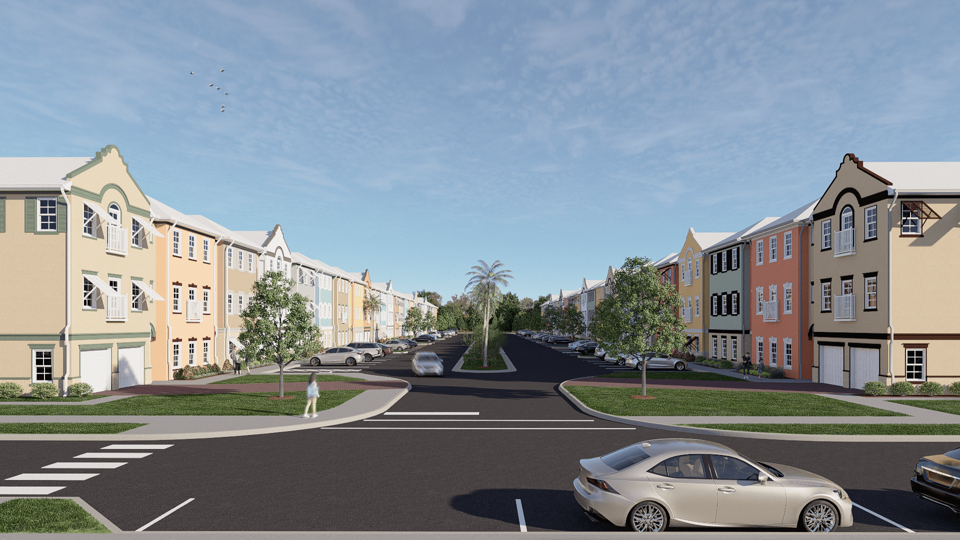 a rendering of a street with houses and cars on it