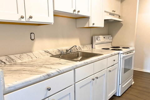 A kitchen with white cabinets and a marble countertop.