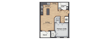 A floor plan of a house with a living area, kitchen, dining area, and a primary suite.