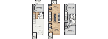 A set of three floor plans for a house with a garage, a primary suite, and a living area.