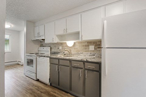 A kitchen with white cabinets and a marble countertop.