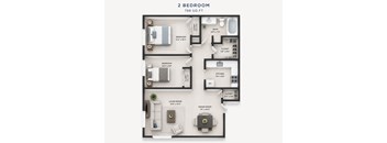 A 2 Bedroom apartment is 788 square feet with a living room, dining room, kitchen, and two bedrooms.