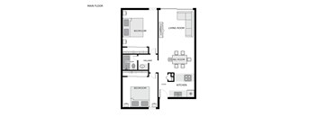 A floor plan of a house with two bedrooms, a living room, a dining room, a kitchen, a foyer, and two bathrooms.