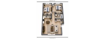 A floor plan of a Stratford Plaza North apartment with a living room, two bedrooms, a kitchen, and a bathroom.