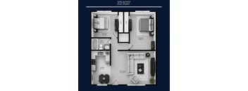 A floor plan of a Delmar Apartments unit showing a living room, kitchen, and two bedrooms.