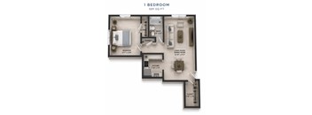 A 1 bedroom apartment is 589 square feet with a living room, dining room, kitchen, and bath.