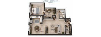 A floor plan of a large 1 bedroom apartment sized at 721 sq ft.