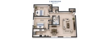 A 2 bedroom apartment is 850 square feet with a living room, kitchen, dining room, and two bedrooms.