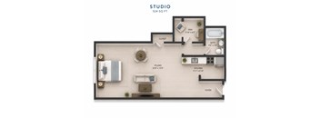 A floor plan of a studio apartment with a kitchen, bathroom, and living area.