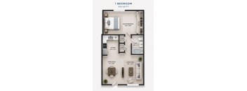 A floor plan of a 1 bedroom apartment sized at 593 square feet.