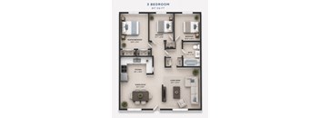 A 3 bedroom apartment layout with a master bedroom, two closet bedrooms, a living room, a dining room, a kitchen, and a bathroom.
