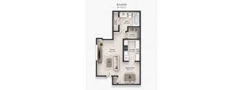 A floor plan of a studio apartment is shown with dimensions for each room.
