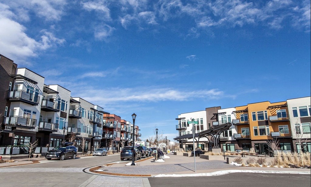 City street with buildings at Delo Apartments, Louisville, CO, Colorado