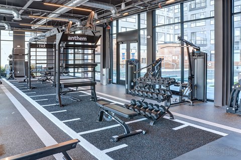 A gym with a variety of equipment including a bench, weights, and a TRX system.