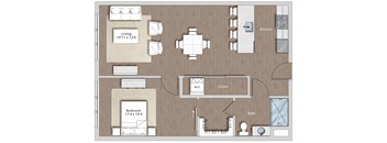 Floor plan of a living room with a bedroom and a kitchen  at Sono Central Residential, Norwalk, CT, 06854