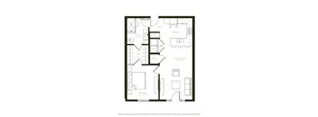 A black and white floor plan of a house with a kitchen, living room, dining room, bathroom, and bedroom.