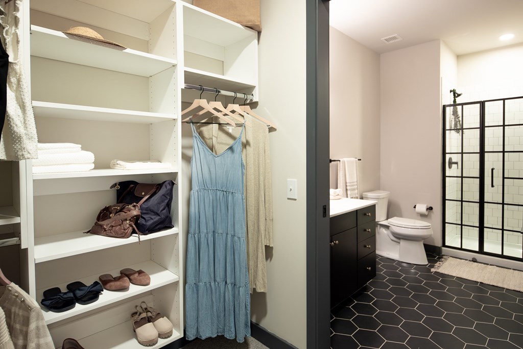 A white closet with a blue dress hanging on a hanger.