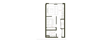 A black and white floor plan of a small apartment with a living room, bedroom, and bathroom.
