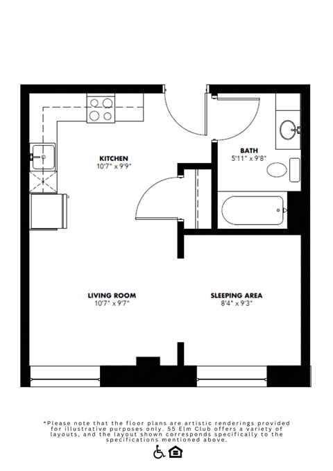 Studio 1 bath B at The 55 Elm Club Apartments, Hartford