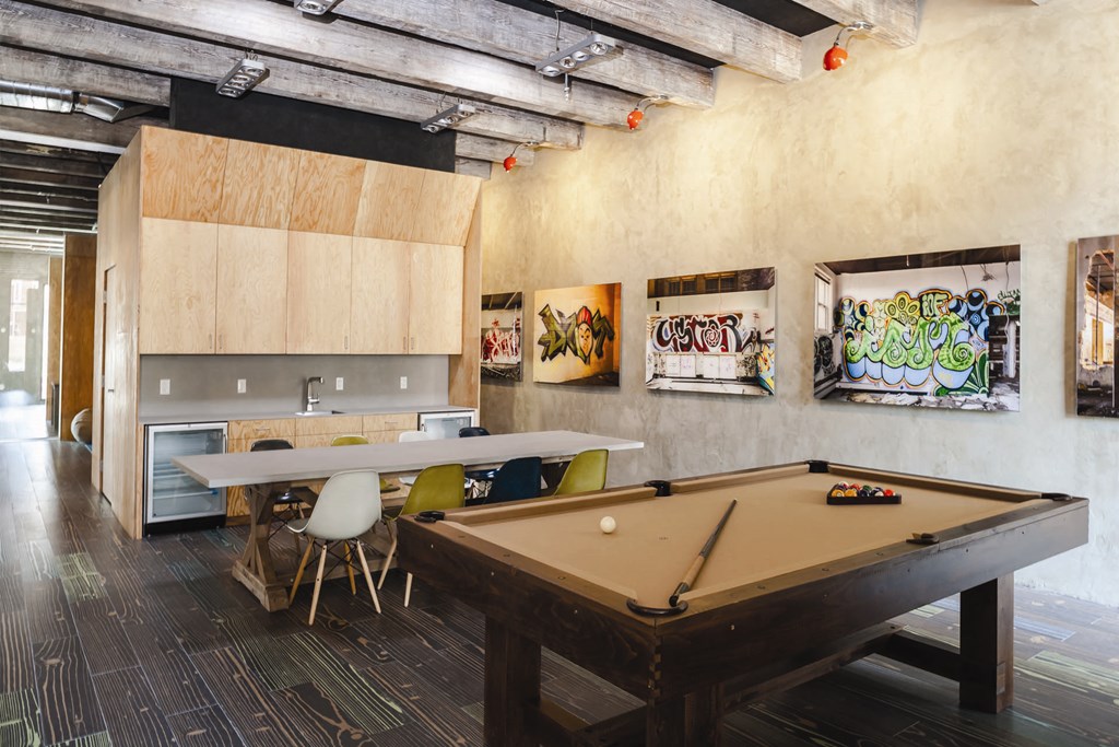 Game room with a pool table at Iron Works Sono, Norwalk