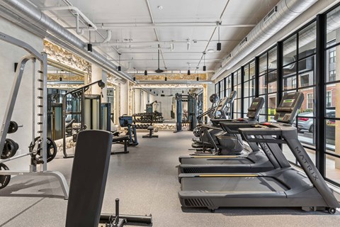A gym with treadmills and other exercise equipment.