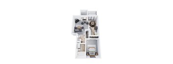 A top-down view of a small, modern apartment with a kitchen, living room, and bedroom.