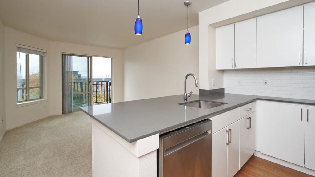 A kitchen with white cabinets and a stainless steel dishwasher.