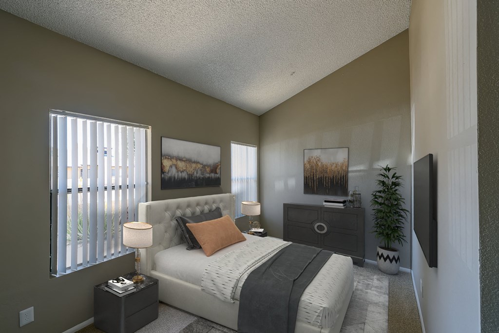 a bedroom with a bed and a large window and a plant