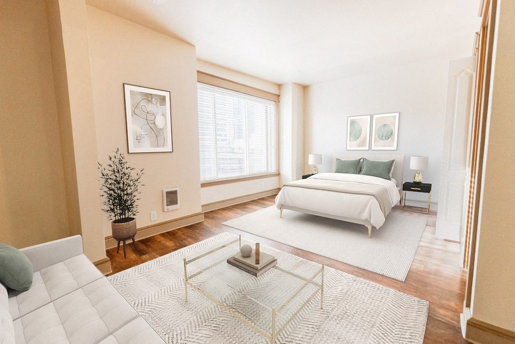 a bedroom with a bed and a large window at Zindorf, Seattle, WA, 98104