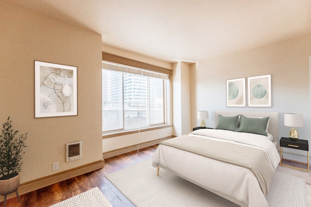a bedroom with a bed and a large window at Zindorf, Seattle, 98104