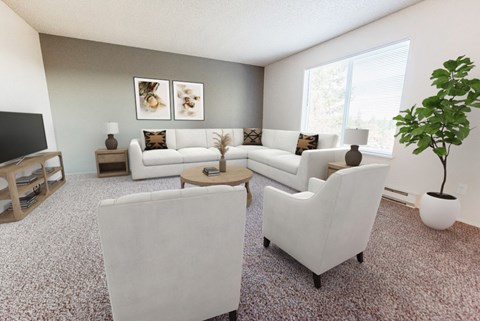A living room with a white couch and a television.