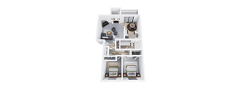 A top-down view of a modern apartment layout with two bedrooms, a living area, and a kitchen.