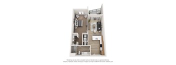 A 3D floor plan of a small apartment with a kitchen, living room, and bedroom.