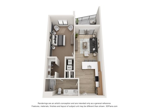 A 3D floor plan of a small apartment with a kitchen, living room, and bedroom.