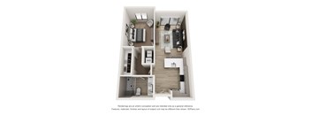 A 3D floor plan of a house with a kitchen, living room, and bathroom.