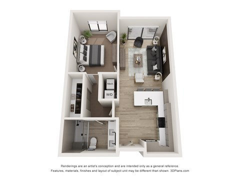 A 3D floor plan of a house with a kitchen, living room, and bathroom.