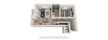 A 3D floor plan of a house with a kitchen, living room, and bedrooms.
